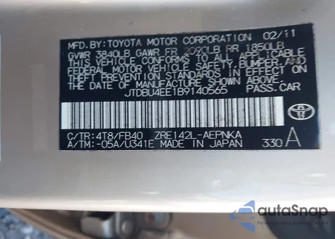 2011 Toyota Corolla Le from USA, damaged, VIN JTDBU4EE1B9140565